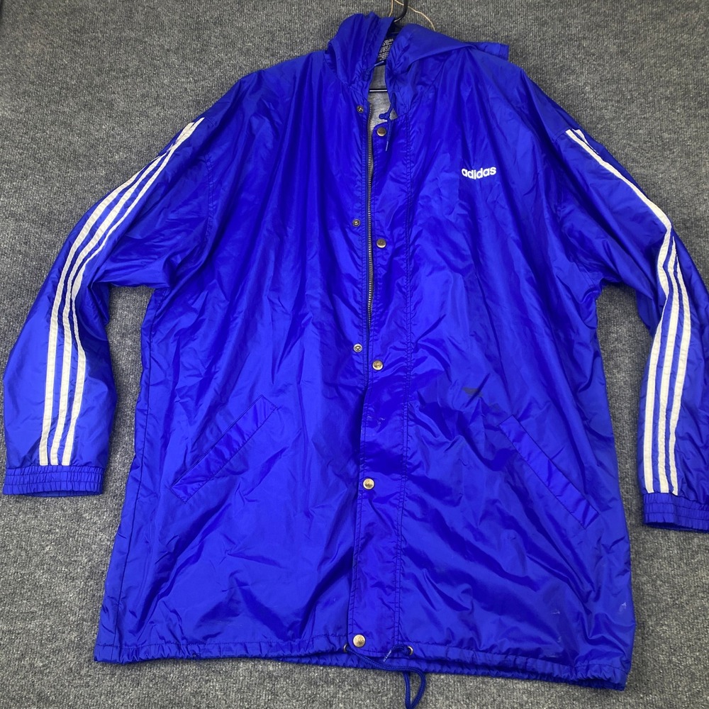 Vintage Adidas Mens XL Blue Hooded Windbreaker Jacket 3 Stripe Jersey Lined